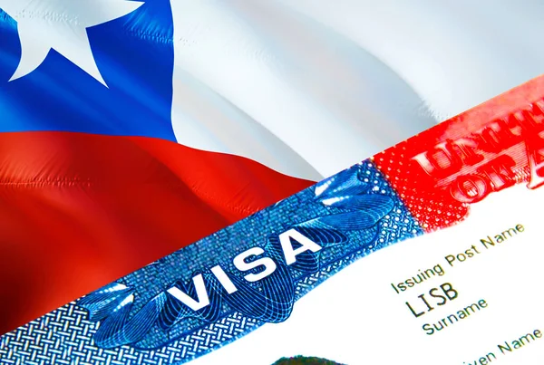 チリ移民ビザ 単語Visa 3Dレンダリングに焦点を当てたチリへのビザを閉じます パスポートマルチエントランスでのビザでチリの目的地の概念への旅行や移行 アメリカ切手移民Vis — ストック写真