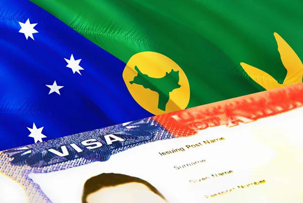 Christmas Island immigration document close up. Passport visa on Christmas Island flag. Christmas Island visitor visa in passport,3D rendering. Christmas Island multi entrance visa in passport. US