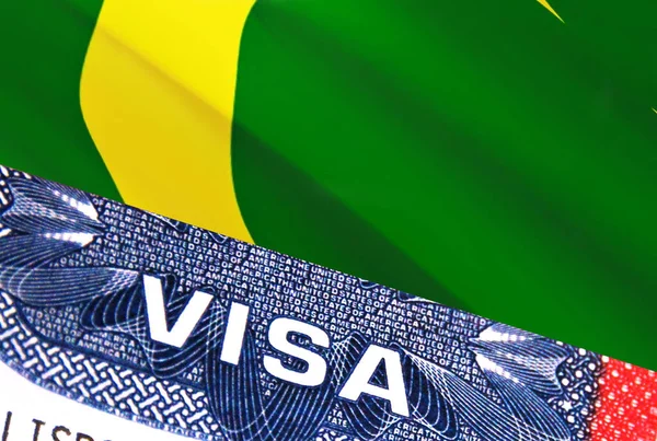 Cocos Keeling Islands Visa Document, with Cocos Keeling Islands flag in background. Cocos Keeling Islands flag with Close up text VISA on USA visa stamp in passport,3D rendering.Visa passport stam