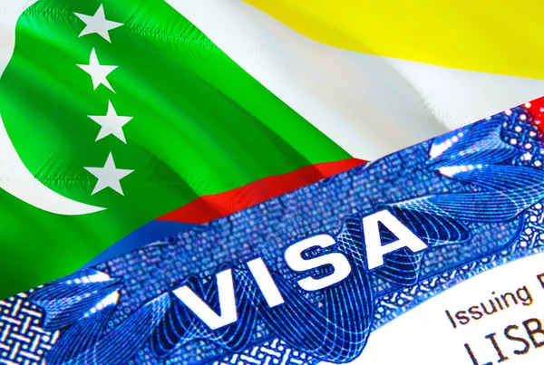 パスポートのビザスタンプにはテキストVisaが付いています パスポートは海外旅行のコンセプト Comorosコンセプトへの旅行 選択的フォーカス 3Dレンダリング 移民と移民の概念 コモロビザI — ストック写真