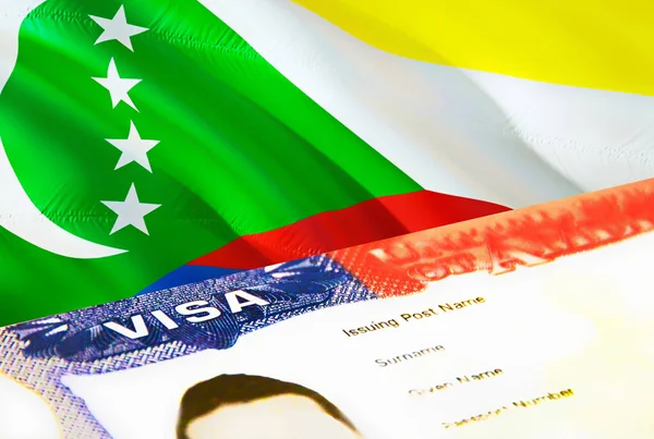 コモロ移民文書を閉じます コモロ旗のパスポートビザ パスポート 3Dレンダリングのコモロ訪問者ビザ パスポートには複数の入国ビザがあります アメリカの切手移民ビザの文書 — ストック写真