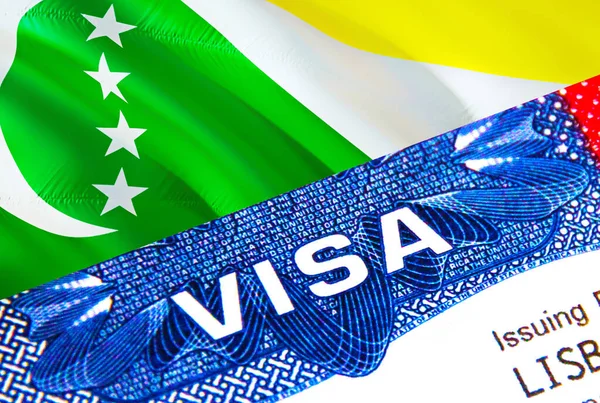 Comoros Visa in passport. USA immigration Visa for Comoros citizens focusing on word VISA. Travel Comoros visa in national identification close-up,3D rendering. Comoros multi entrance in passport