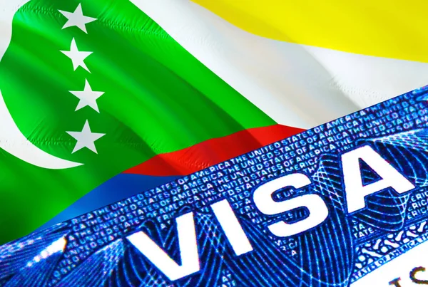 Comoros visa document close up. Passport visa on Comoros flag. Comoros visitor visa in passport,3D rendering. Comoros multi entrance in passport. Closeup of Visa document and passport. Immigratio