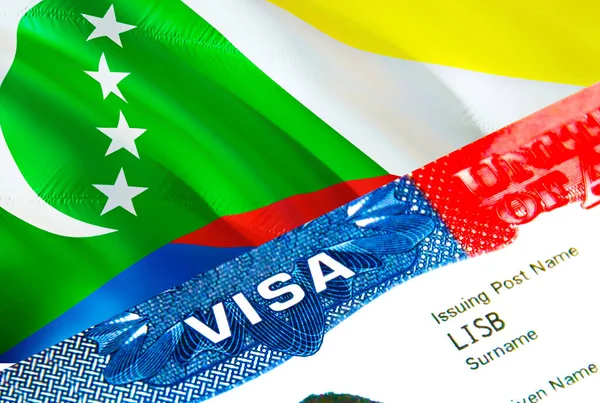 Comoros immigration visa. Closeup Visa to Comoros focusing on word VISA, 3D rendering. Travel or migration to Comoros destination concept with visa in passport multi entrance. USA stamp emigratio