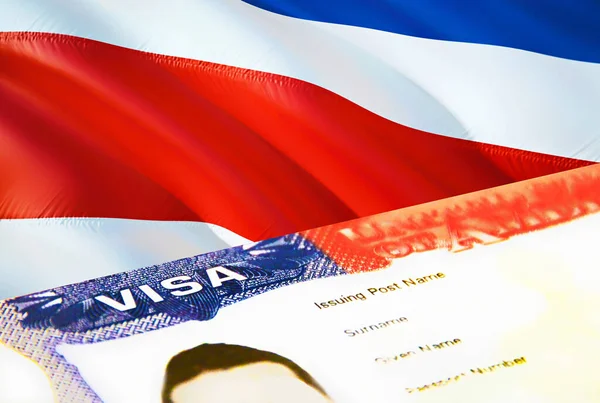 Costa Rica immigration document close up. Passport visa on Costa Rica flag. Costa Rica visitor visa in passport,3D rendering. Costa Rica multi entrance visa in passport. USA stamp emigration Vis