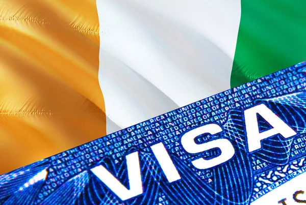 Cote d\'Ivoire visa document close up. Passport visa on Cote d\'Ivoire flag. Cote d\'Ivoire visitor visa in passport,3D rendering. Cote d\'Ivoire multi entrance in passport. Closeup of Visa document an