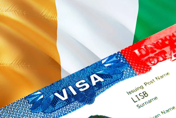 Cote d'Ivoire immigration visa. Closeup Visa to Cote d'Ivoire focusing on word VISA, 3D rendering. Travel or migration to Cote d'Ivoire destination concept with visa in passport multi entranc