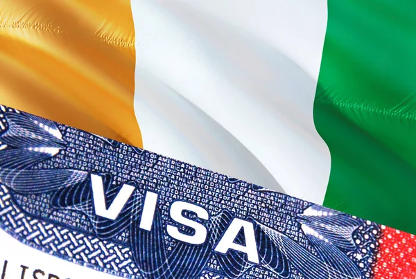 Cote d\'Ivoire Visa Document, with Cote d\'Ivoire flag in background. Cote d\'Ivoire flag with Close up text VISA on USA visa stamp in passport,3D rendering.Visa passport stamp travel Cote d\'Ivoir