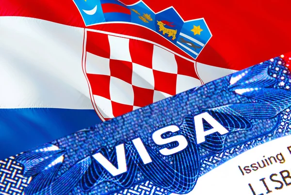 text VISA on Croatia visa stamp in passport. passport traveling abroad concept. Travel to Croatia concept - selective focus,3D rendering. Immigration and emigration concept. Croatia visa in passpor