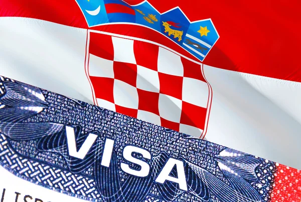 Croatia Visa Document, with Croatia flag in background. Croatia flag with Close up text VISA on USA visa stamp in passport,3D rendering.Visa passport stamp travel Croatia busines