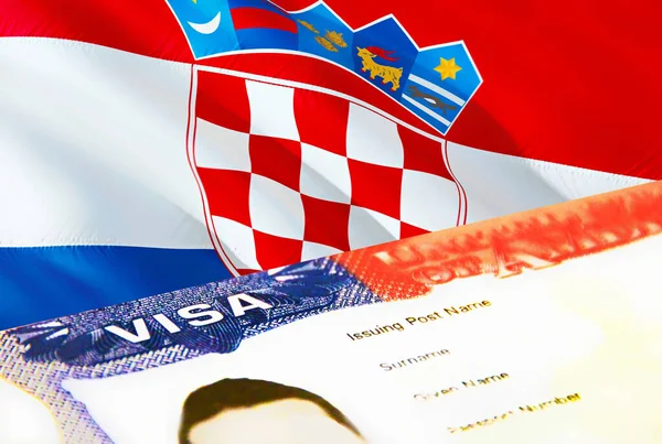 クロアチアの移民文書が閉じます パスポートビザクロアチアの旗 パスポート 3Dレンダリングでクロアチアの訪問者ビザ パスポートにクロアチアの複数の入国ビザ アメリカの切手移民ビザの文書 — ストック写真