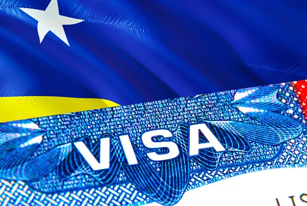 キュラソー島ビザ 単語Visa 3Dレンダリングに焦点を当てキュラソーへの旅行 キュラソーは パスポートのビザで概念を移民します パスポートでキュラソーの観光の入り口 ビザ米国市民権スタンプ アメリカ旅行 — ストック写真
