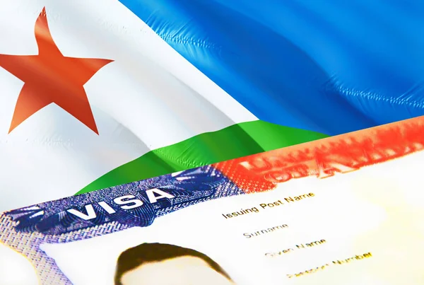 ジブチの移民文書が閉じます ジブチの国旗に関するパスポートビザ パスポート 3Dレンダリングでジブチの訪問者ビザ パスポートでジブチの複数の入国ビザ アメリカスタンプ移民ビザのドキュメント — ストック写真