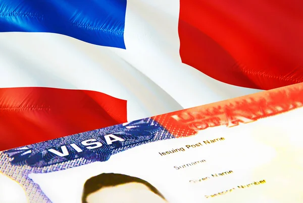 ドミニカ共和国の移民文書が閉じます ドミニカ共和国の旗のパスポートビザ ドミニカ共和国のパスポートでの訪問者ビザ 3Dレンダリング ドミニカ共和国マルチエントランスビザI — ストック写真