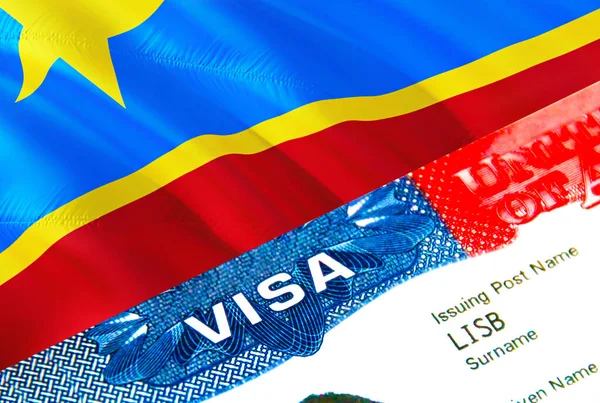 コンゴ移民ビザ 単語Visa 3Dレンダリングに焦点を当てたDrコンゴへのビザを閉鎖します パスポートマルチエントランスでのビザでDrコンゴの目的地の概念への旅行や移行 — ストック写真