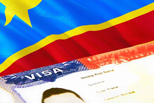 Drコンゴ移民文書を閉じます Drコンゴフラグ上のパスポートビザ パスポートでのDrコンゴ訪問者ビザ 3Dレンダリング パスポートのDrコンゴマルチエントランスビザ アメリカスタンプ移民ビザのドキュメント — ストック写真