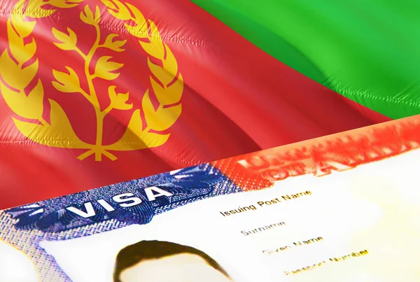 エリトリア移民文書が閉じます エリトリア国旗のパスポートビザ パスポートのエリトリア訪問者ビザ 3Dレンダリング エリトリアパスポートのマルチエントランスビザ アメリカの切手移民ビザの文書 — ストック写真