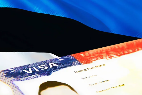エストニアの移民文書が閉じます エストニアの旗のパスポートビザ パスポート 3Dレンダリングでエストニアの訪問者ビザ パスポートのエストニアの複数の入国ビザ アメリカの切手移民ビザの文書 — ストック写真