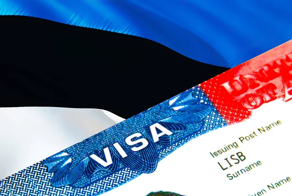 エストニア移民ビザ 単語Visa 3Dレンダリングに焦点を当てたエストニアへのビザを閉じます 旅行やパスポートのマルチエントランスでのビザでエストニアの目的地の概念への移行 — ストック写真
