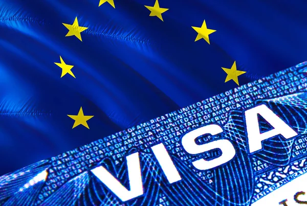 欧州連合のビザの文書を閉じます 欧州連合旗のパスポートビザ パスポート 3Dレンダリングで欧州連合 の訪問者ビザ パスポートの欧州連合の複数の入り口 ビザの書類の閉鎖 — ストック写真