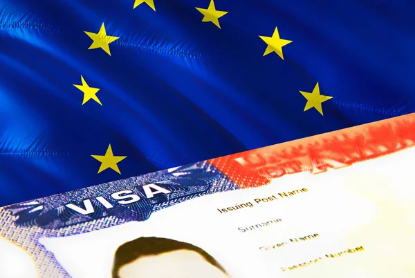 欧州連合の移民文書が閉じます 欧州連合旗のパスポートビザ パスポート 3Dレンダリングで欧州連合 の訪問者ビザ パスポートに欧州連合の複数の入国ビザ アメリカの蒸気 — ストック写真