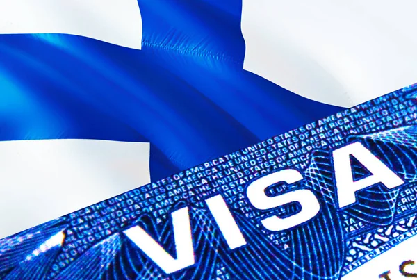 Finlandiya vize belgesi kapanıyor. Pasaport vizesi Finlandiya bayrağında. Finlandiya ziyaretçi vizesi, pasaport, 3D görüntüleme. Finlandiya 'ya çok girişli pasaport. Vize belgesi ve pasaportun kapatılması