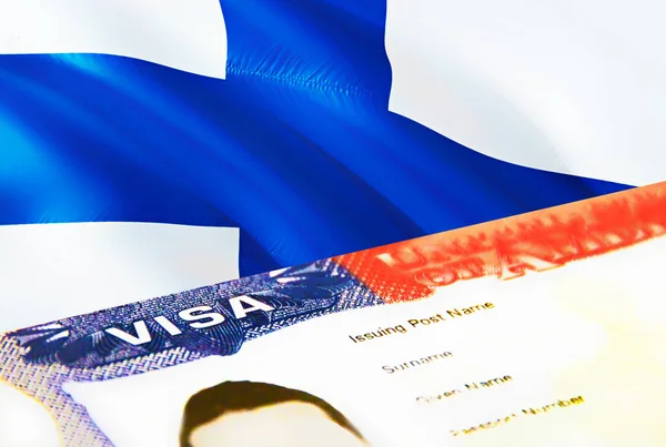 フィンランドの移民文書が閉じます フィンランドの旗のパスポートビザ パスポート 3Dレンダリングでフィンランドの訪問者ビザ パスポートのフィンランドの複数の入国ビザ アメリカの切手移民ビザの文書 — ストック写真