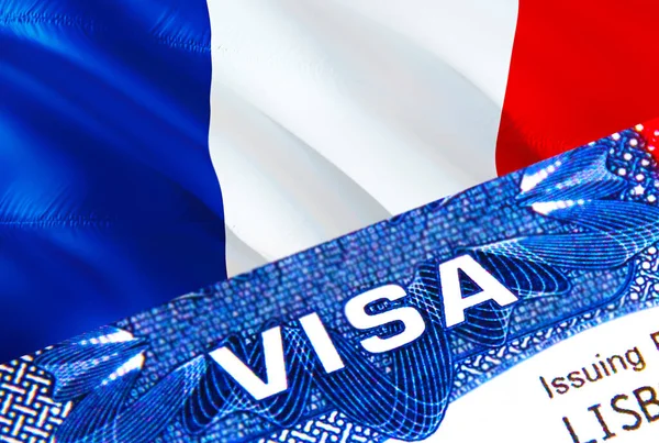 パスポートにフランスのビザスタンプとテキストVisa パスポートは海外旅行のコンセプト フランスへの旅行コンセプト 選択的フォーカス 3Dレンダリング 移民と移民の概念 パスポートのフランスビザ — ストック写真