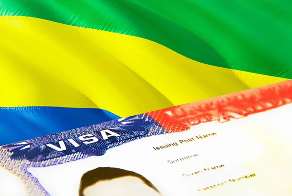 ガボンの移民文書が閉じます ガボンの旗のパスポートビザ パスポートのガボン訪問者ビザ 3Dレンダリング パスポートのガボンの複数の入国ビザ 米国の切手移民ビザの文書とパスポート — ストック写真