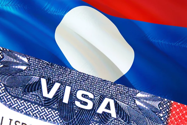 ラオスビザ文書 ラオスの国旗を背景に パスポートのビザスタンプ 3Dレンダリングでの米国ビザのスタンプで閉じるテキストを持つラオスのフラグ ビザのパスポートスタンプ旅行ラオスのビジネス — ストック写真