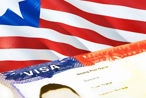 リベリアの移民文書が閉じます リベリアの旗のパスポートビザ パスポートのリベリア訪問者ビザ 3Dレンダリング リベリアパスポートのマルチエントランスビザ アメリカの切手移民ビザの文書 — ストック写真