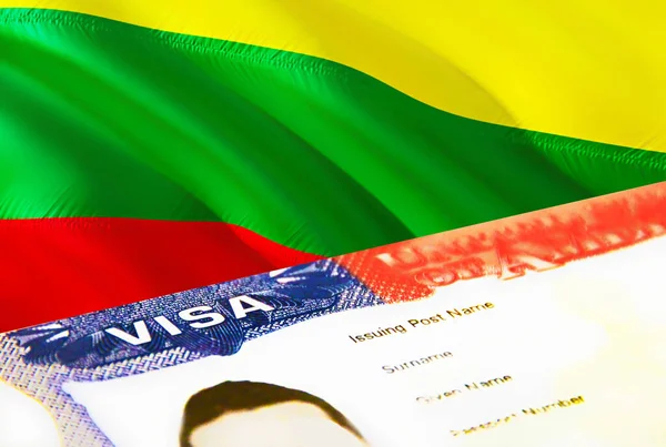 リトアニアの移民文書が閉じます リトアニアの旗にパスポートビザ パスポート 3Dレンダリングでリトアニアの訪問者ビザ パスポートにリトアニアの複数の入国ビザ アメリカ切手移民Vis — ストック写真