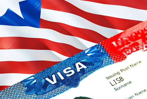 リベリア移民ビザ ビザをリベリアに閉鎖する単語Visa 3Dレンダリングに焦点を当てます パスポートの複数の入り口でビザでリベリアの目的地の概念への旅行や移行 アメリカ合衆国切手の移民 — ストック写真