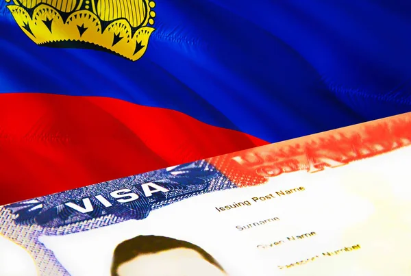 リヒテンシュタインの移民文書が閉じます リヒテンシュタインの旗のパスポートビザ パスポート 3Dレンダリングでリヒテンシュタインの訪問者ビザ パスポートにはリヒテンシュタインの複数の入国ビザ アメリカの蒸気 — ストック写真