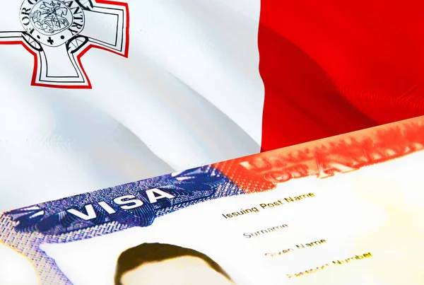 マルタの移民文書が閉じます マルタの旗のパスポートビザ パスポートのマルタ訪問者ビザ 3Dレンダリング マルタの複数の入国ビザパスポート 米国の切手移民ビザの文書とパスポート — ストック写真