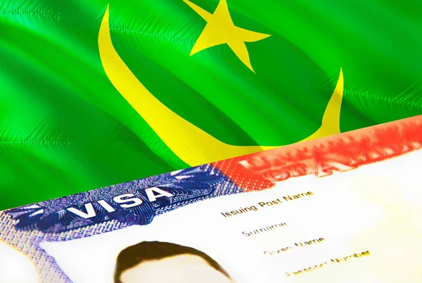 モーリタニアの移民文書が閉じます モーリタニア国旗のパスポートビザ パスポートのモーリタニア訪問者ビザ 3Dレンダリング パスポートにモーリタニアの複数の入国ビザ アメリカ切手移民Vis — ストック写真