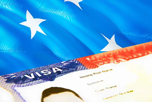 ミクロネシア連邦の移民文書が閉じます ミクロネシアの旗のパスポートビザ ミクロネシア連邦のパスポート 3Dレンダリングの訪問者ビザ パスポートにミクロネシア連邦の複数の入国ビザ アメリカ切手移民Vis — ストック写真