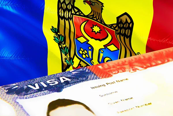 モルドバ移民文書を閉じます モルドバの旗のパスポートビザ パスポート 3Dレンダリングでモルドバの訪問者ビザ モルドバパスポートの複数の入国ビザ アメリカの切手移民ビザの文書 — ストック写真