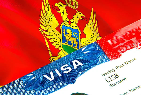 モンテネグロ移民ビザ 単語Visa 3Dレンダリングに焦点を当てたモンテネグロへのビザを閉じます パスポートの複数の入り口でビザでモンテネグロの目的地の概念への旅行や移行 ビザのパスポート — ストック写真