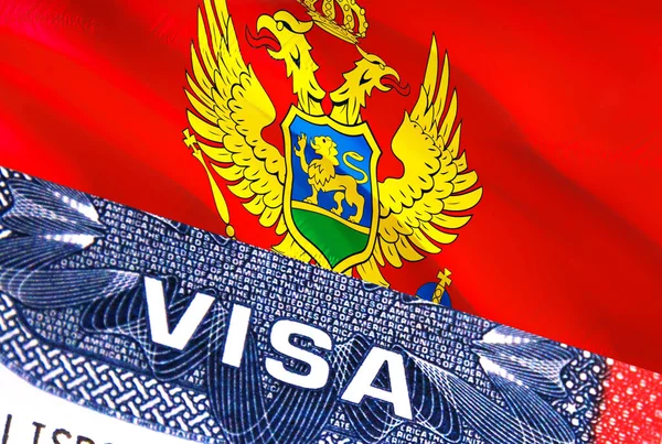 モンテネグロビザ文書 モンテネグロの国旗を背景に モンテネグロのフラグビザの閉鎖テキストパスポートのビザスタンプ 3Dレンダリング ビザのパスポートスタンプ旅行モンテネグロ — ストック写真