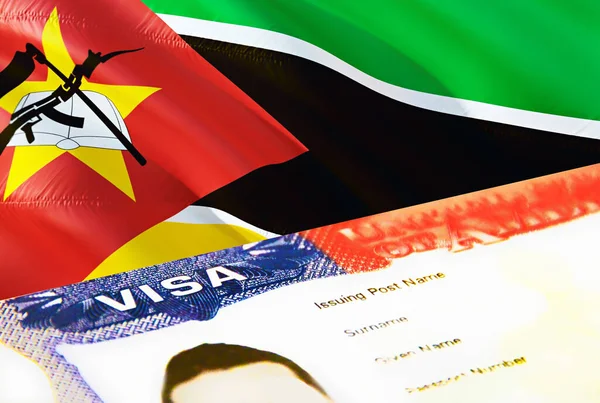 モザンビークの移民文書が閉じます モザンビークの旗のパスポートビザ パスポートでのモザンビーク訪問者ビザ 3Dレンダリング パスポートのモザンビークの複数の入国ビザ アメリカ切手移民Vis — ストック写真