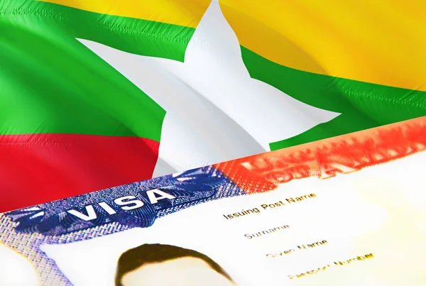 ミャンマーの移民文書が閉じます ミャンマーの旗のパスポートビザ パスポート 3Dレンダリングでミャンマーの訪問者ビザ パスポートにミャンマーの複数の入国ビザ アメリカの切手移民ビザの文書 — ストック写真