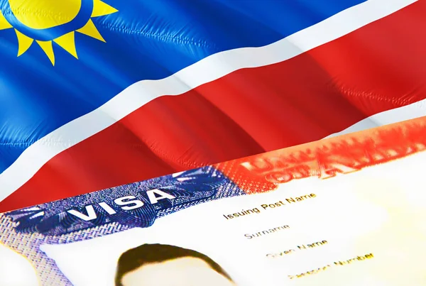 ナミビアの移民文書が閉じます ナミビアの旗のパスポートビザ パスポートでナミビア訪問者ビザ 3Dレンダリング ナミビアの複数の入国ビザ アメリカの切手移民ビザの文書 — ストック写真