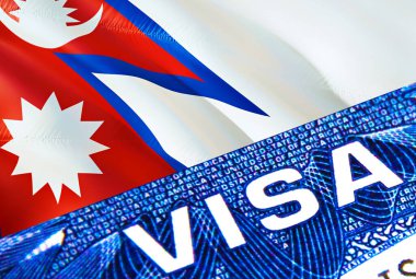 Nepal vize belgesini kapatın. Pasaport vizesi Nepal bayrağında. Pasaportunda Nepal ziyaretçi vizesi, 3 boyutlu. Pasaportunda Nepal çoklu girişi var. Vize belgesi ve pasaportun kapanışı. Göçmen Bürosu