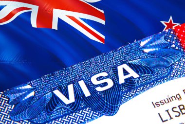 Pasaportunda Yeni Zelanda vizesi var. Yeni Zelanda vatandaşları için VISA kelimesine odaklanan ABD göçmen vizesi. Yeni Zelanda vizesi ile seyahat edin. Ulusal kimlik, yakın plan, 3D görüntüleme. Yeni Zelanda haritası
