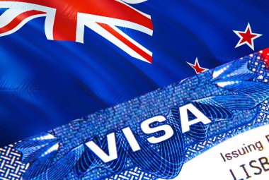 Pasaportunda VISA metni olan Yeni Zelanda vize damgası. Pasaport yurtdışında seyahat kavramı. Yeni Zelanda 'ya seyahat - seçici odaklanma, 3 boyutlu görüntüleme. Göçmenlik ve göç kavramı. Yeni Zelanda