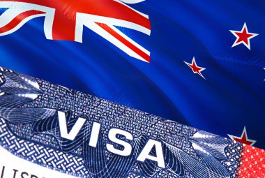 Arka planında Yeni Zelanda bayrağı olan Yeni Zelanda Vize Belgesi. Pasaportunda ABD vizesi damgası bulunan Yeni Zelanda bayrağı. Vize damgası Yeni Zelanda 'da.