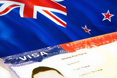 Yeni Zelanda göçmenlik belgesini kapatın. Yeni Zelanda bayrağında pasaport vizesi. Pasaportlu Yeni Zelanda ziyaretçi vizesi, 3 boyutlu. Pasaportunda Yeni Zelanda çoklu giriş vizesi var. ABD pul göçü oranı