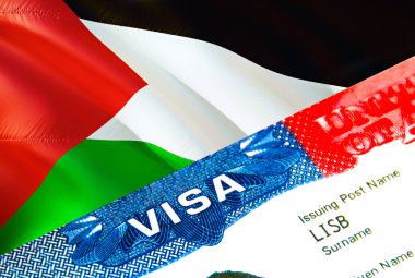 Filistin göçmenlik vizesi. Filistin 'e yakın kredi kartı, VISA kelimesine odaklanmış, 3D görüntüleme. Pasaport çoklu girişinde vizeyle Filistin 'e seyahat ya da göç. ABD stam