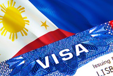 Pasaportunda VISA yazılı Filipinler vizesi damgası var. Yurtdışında seyahat kavramı. Filipinler 'e seyahat - seçici odaklanma, 3 boyutlu canlandırma. Göçmenlik ve göç kavramı. FilipinName